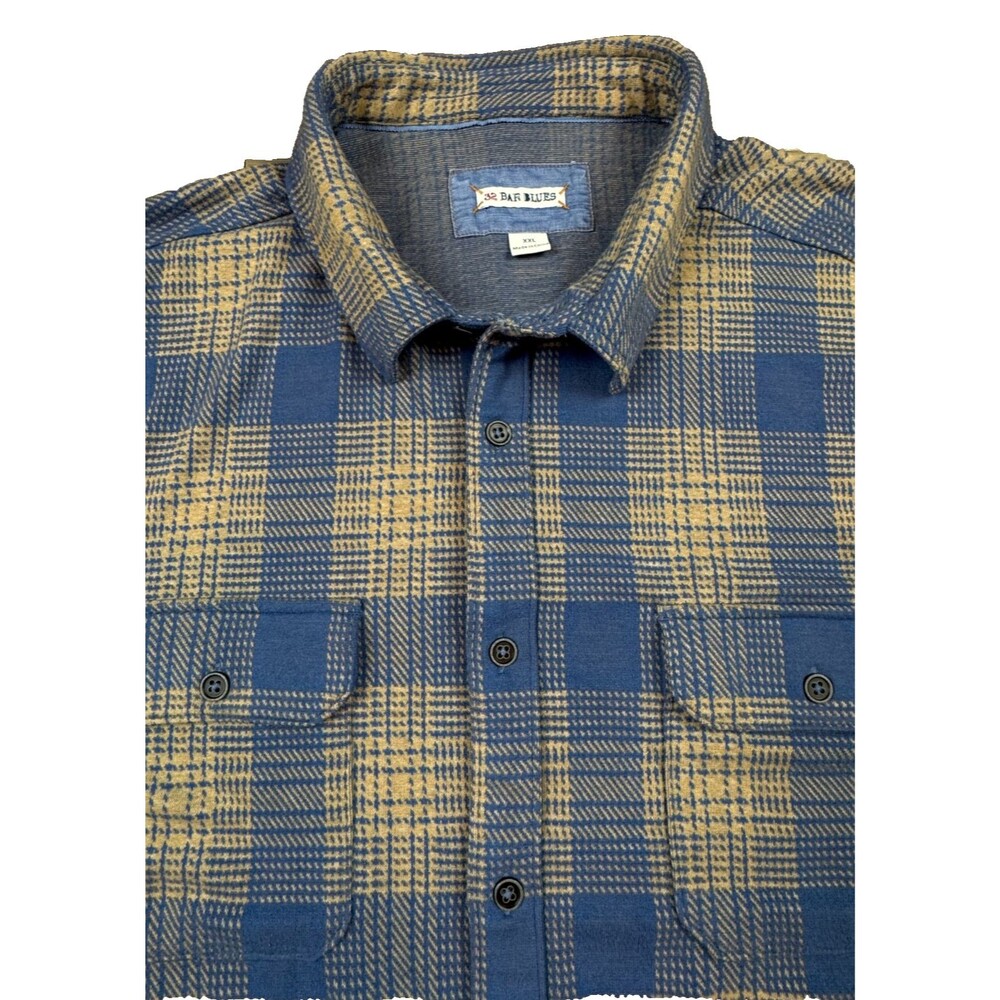 32 Bar Blues Shirt Mens XXL Brown/Blue Plaid Long Sleeve Collared Button Up
